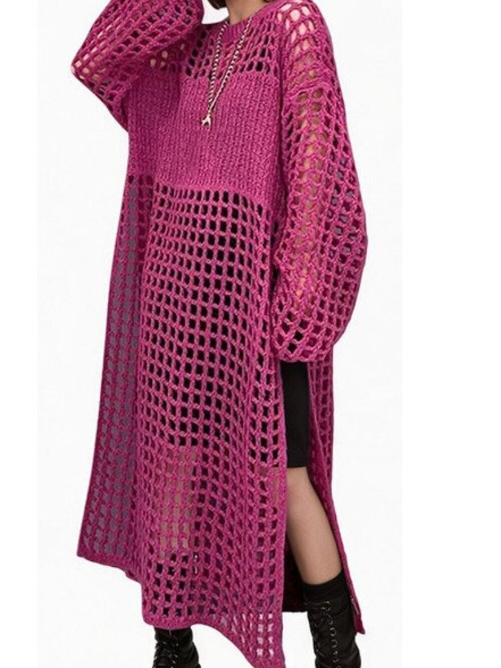 Red Purple Crochet Knit Dress Hollow Out Side Slit Cover-Up One Size  Like new